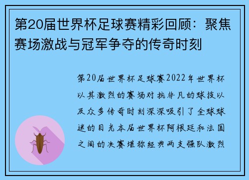 第20届世界杯足球赛精彩回顾：聚焦赛场激战与冠军争夺的传奇时刻