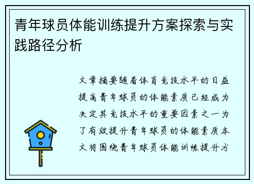 青年球员体能训练提升方案探索与实践路径分析